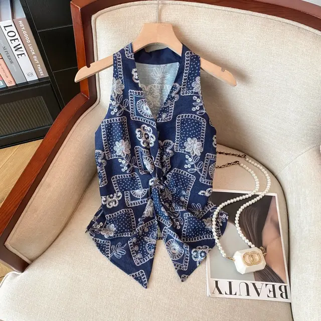 Red Sleeveless Floral Twist Sweet Spicy Waistcoat Top Blue - Shop at LoveMi