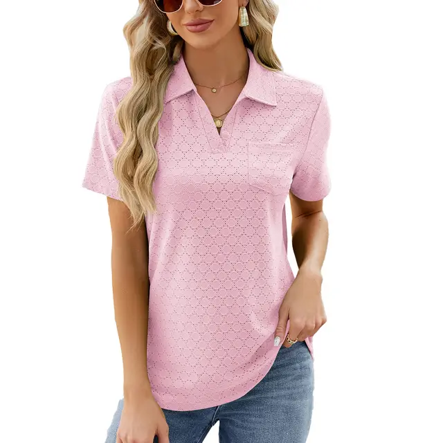 Polo Shirt Lapel Pocket Loose Top Pink - Shop at LoveMi