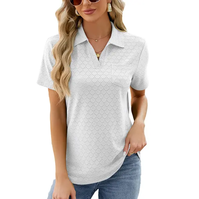 Polo Shirt Lapel Pocket Loose Top White - Shop at LoveMi