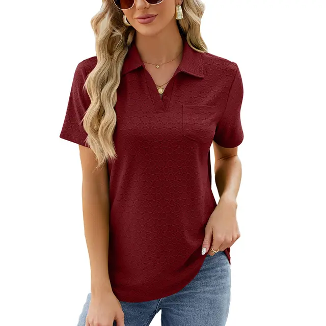 Polo Shirt Lapel Pocket Loose Top Wine Red - Shop at LoveMi