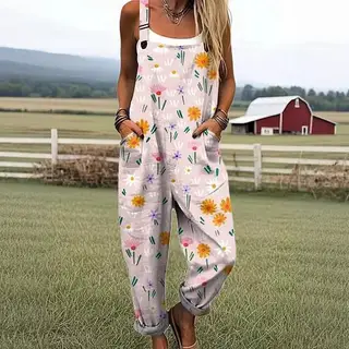 Floral 3D Digital Printing Casual Strap Sleeveless Jumpsuit - Style D