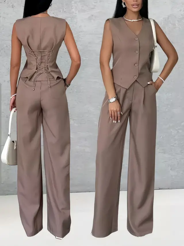 Women's Outer Wear Spring And Summer Vest Pants Two piece Set Khaki - Shop at LoveMi