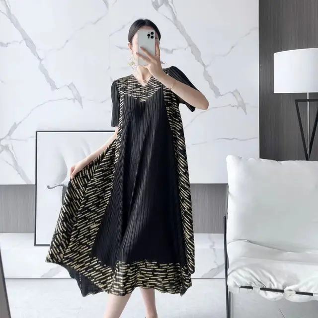 Sanzhai Vintage Printed Pleated Dress Women Black - Shop at LoveMi
