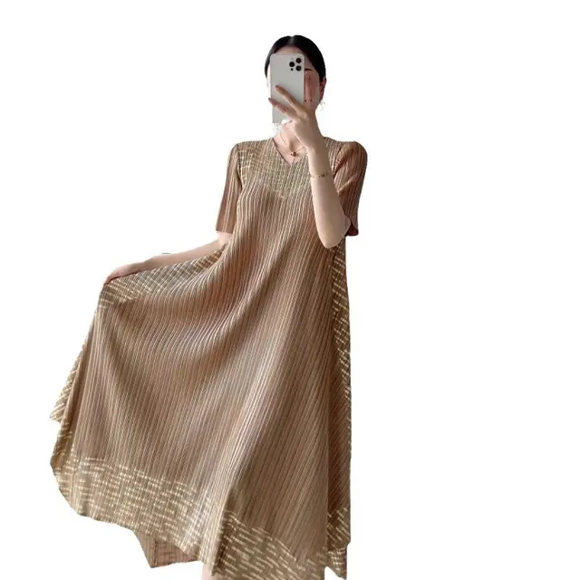 Sanzhai Vintage Printed Pleated Dress Women Khaki - Shop at LoveMi