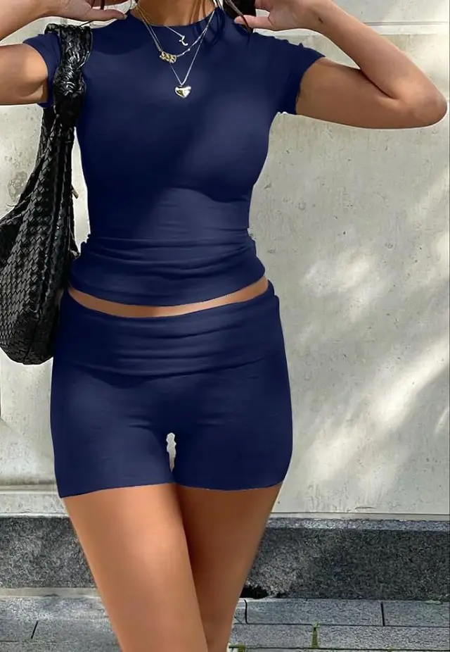 Casual Women's Workout Two piece Short Sleeve High Waist Fold Bell bottom Pants Shorts Navy Blue - Shop at LoveMi