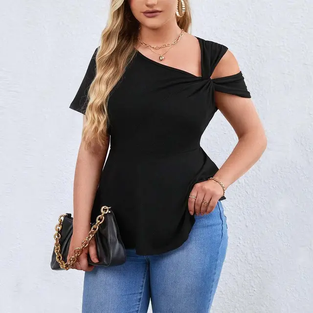 Women's Sexy Off shoulder Diagonal Collar T shirt Summer New Pullover Solid Color Short Sleeve Top Black - Shop at LoveMi