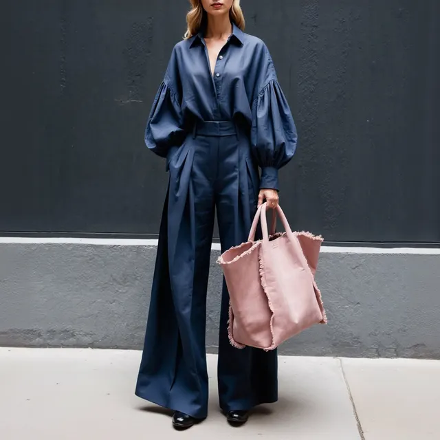 Long sleeved Shirt Wide leg Pants Cotton And Linen Two piece Suit Blue - Shop at LoveMi