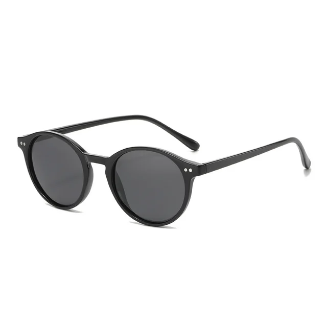 Round Polarized Full Rim Frame Sunglasses Bright Black Frame Black Film - Shop at LoveMi