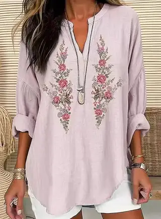Women's Floral Print Linen Blend Loose Blouse - Pink