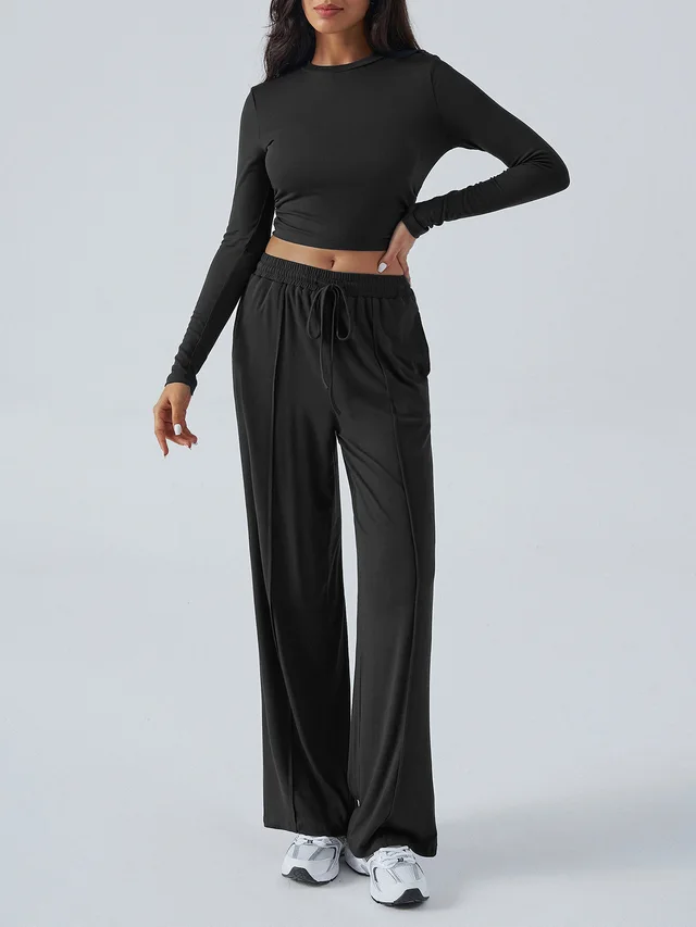 Tether Solid Color Waist Tight Fashion Wide Leg Casual Trousers Suit Black - Shop at LoveMi
