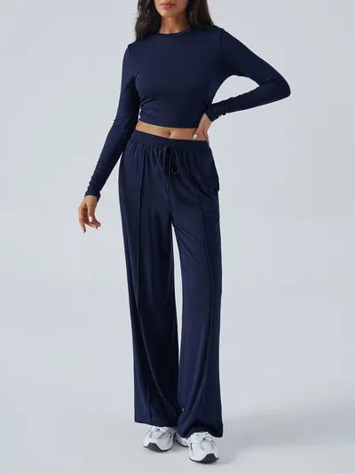 Tether Solid Color Waist Tight Fashion Wide Leg Casual Trousers Suit Blue - Shop at LoveMi