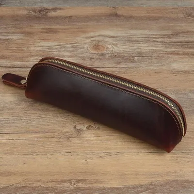 Crazy Horse Leather Handmade And Simple Storage Pencil Case Dark Coffee - Shop at LoveMi