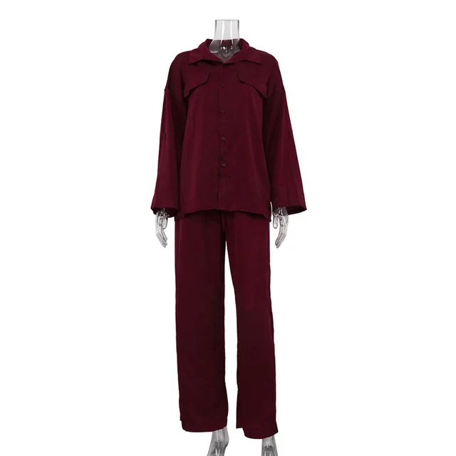 Lapel Long Sleeve Loose Shirt High Waist Trousers Two piece Set Red - Shop at LoveMi