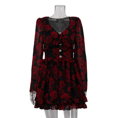 Printed V neck Long Sleeve Temperament Dress Red - Shop at LoveMi