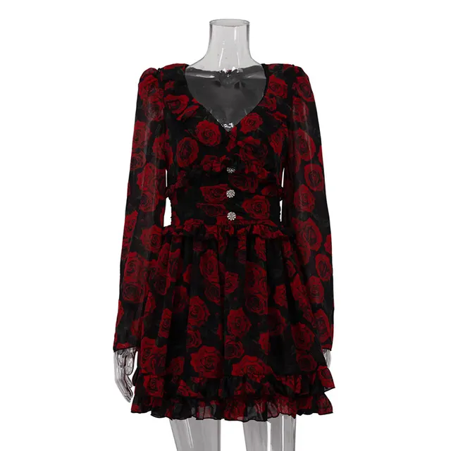 Printed V neck Long Sleeve Temperament Dress Red - Shop at LoveMi