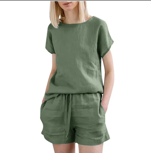 Short Sleeve Cotton Linen Retro Fashion Solid Color Top Shorts Suit Army Green - Shop at LoveMi