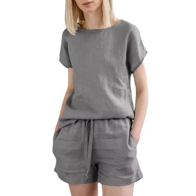 Short Sleeve Cotton Linen Retro Fashion Solid Color Top Shorts Suit Gray - Shop at LoveMi