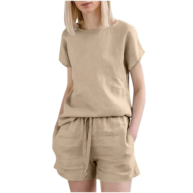 Short Sleeve Cotton Linen Retro Fashion Solid Color Top Shorts Suit Khaki - Shop at LoveMi
