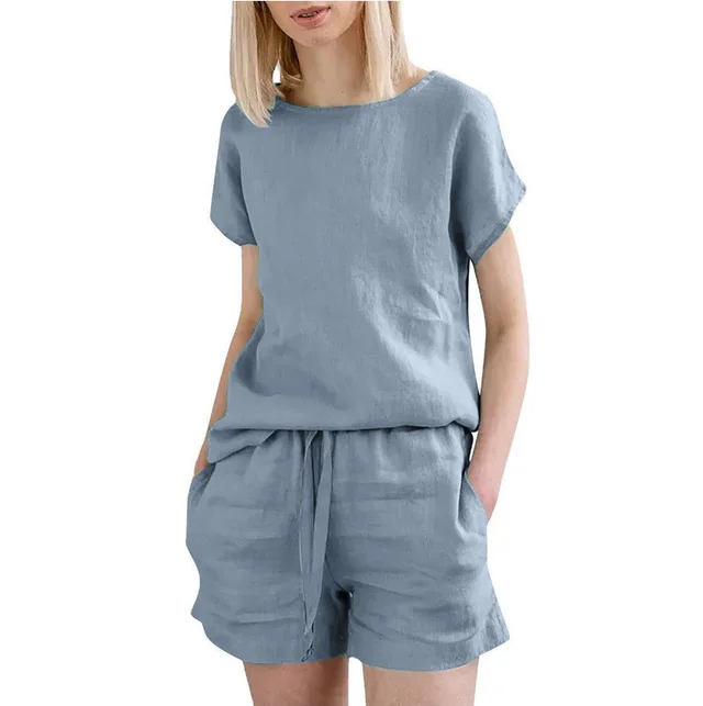 Short Sleeve Cotton Linen Retro Fashion Solid Color Top Shorts Suit Light Blue - Shop at LoveMi