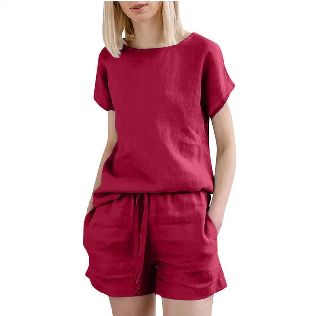 Short Sleeve Cotton Linen Retro Fashion Solid Color Top Shorts Suit Red - Shop at LoveMi
