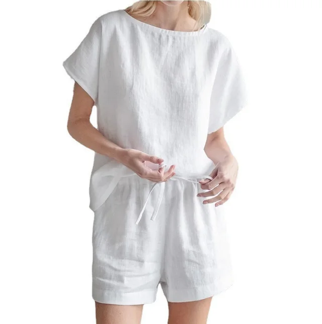 Short Sleeve Cotton Linen Retro Fashion Solid Color Top Shorts Suit White - Shop at LoveMi