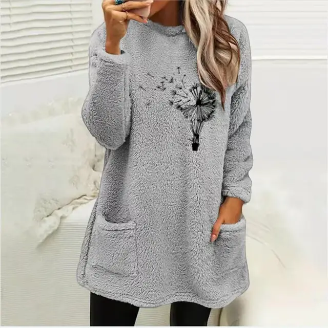 Women's Round Neck Loose Long Sleeves Pocket Plant Embossed Double sided Velvet Sweatshirt Light Gray - Shop at LoveMi