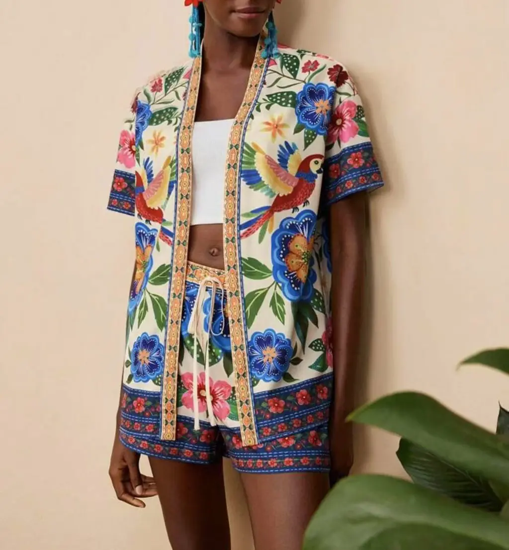 Female Fashion Casual Printing Cardigan Suit - Color