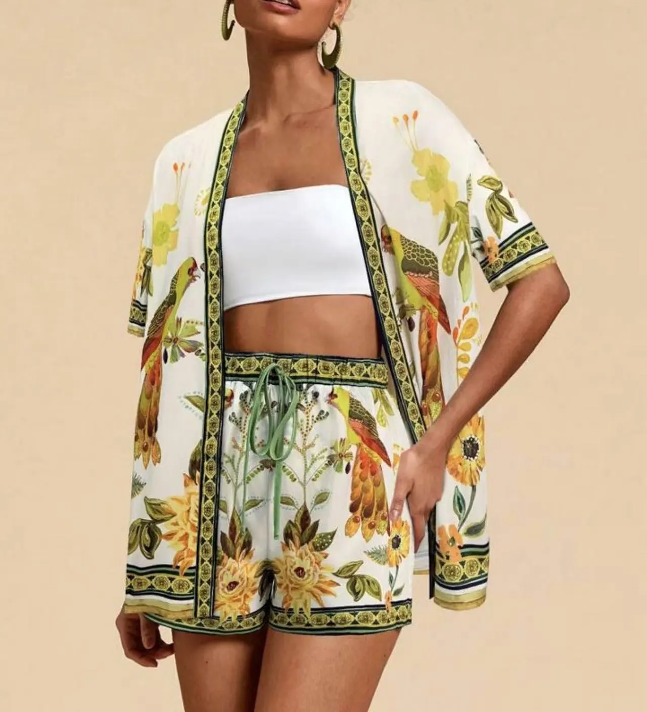 Female Fashion Casual Printing Cardigan Suit - Light Yellow