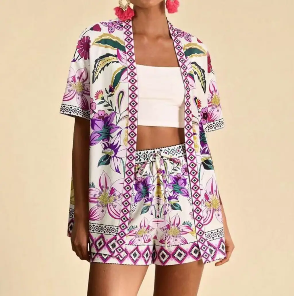 Female Fashion Casual Printing Cardigan Suit - Violet