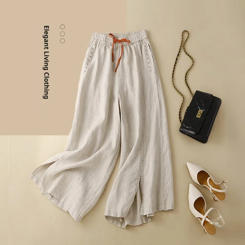 Elastic Waist Versatile Loose Artistic Cotton Linen Wide Leg Pants Hemp Color - Shop at LoveMi