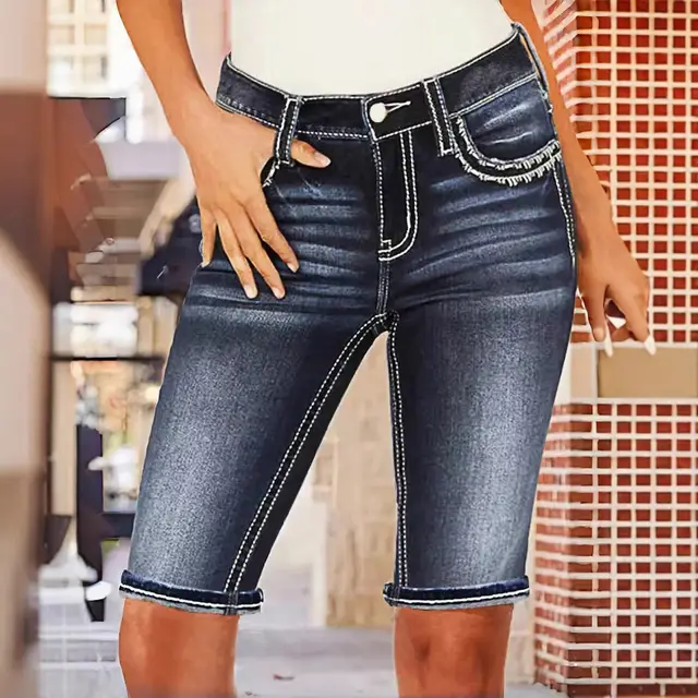 Denim Slimming And Simple Casual Embroidered Jeans Navy Blue - Shop at LoveMi