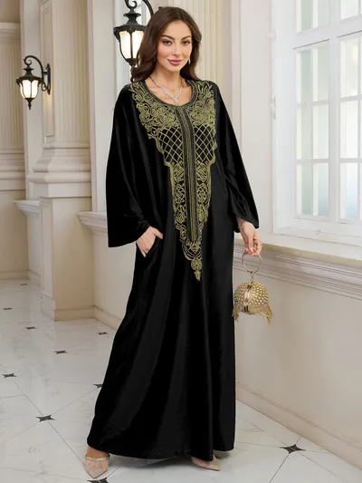 Embroidered Velvet Loose Plus Size Robe Vacation Beach Coat Dress Outerwear Cover up Black - Shop at LoveMi