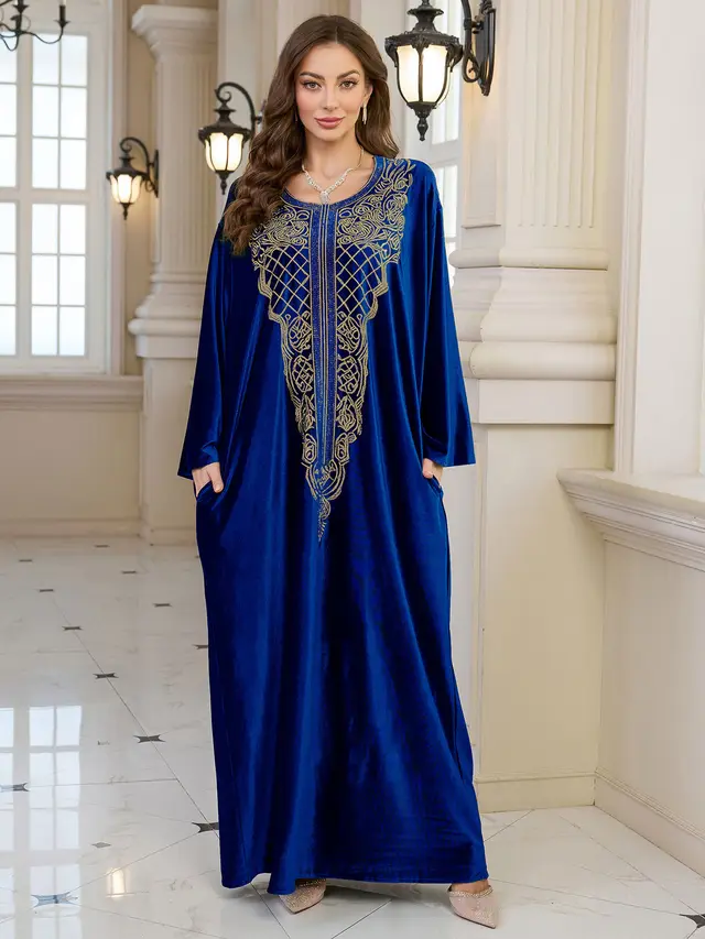 Embroidered Velvet Loose Plus Size Robe Vacation Beach Coat Dress Outerwear Cover up Blue - Shop at LoveMi
