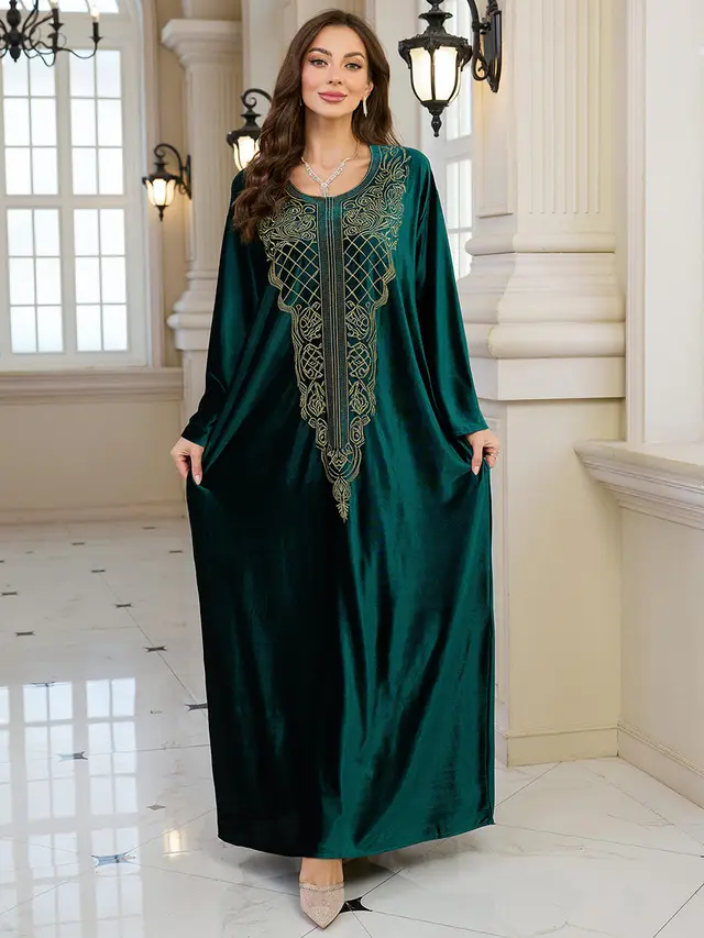 Embroidered Velvet Loose Plus Size Robe Vacation Beach Coat Dress Outerwear Cover up Dark Green - Shop at LoveMi