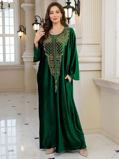 Embroidered Velvet Loose Plus Size Robe Vacation Beach Coat Dress Outerwear Cover up Green - Shop at LoveMi