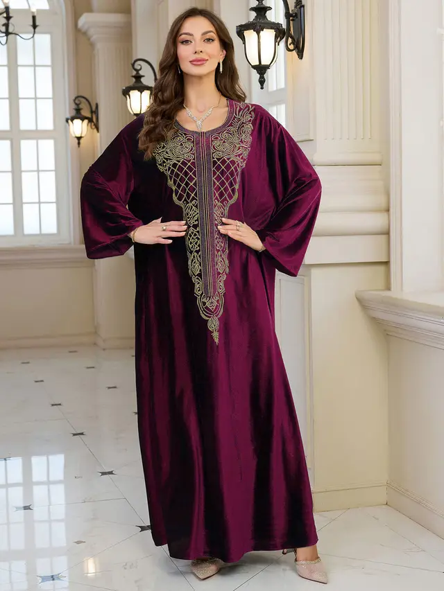 Embroidered Velvet Loose Plus Size Robe Vacation Beach Coat Dress Outerwear Cover up Wine Red - Shop at LoveMi