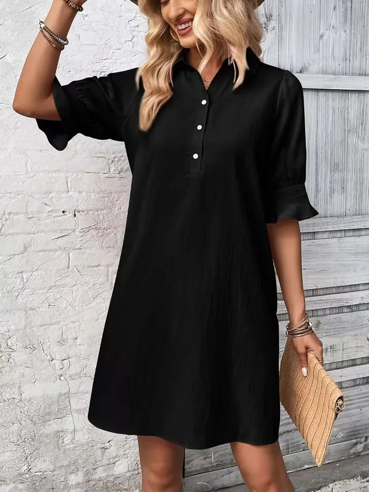 Spring And Autumn Women's Clothing New Casual Loose Solid Color Dress - Black