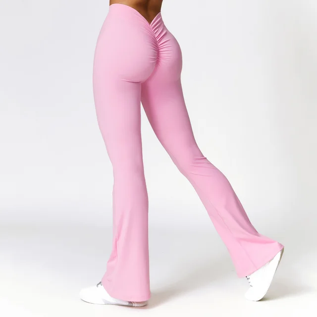 High waist Quick drying Fitness Sports Wide Legs Bootcut Trousers Pink - Shop at LoveMi