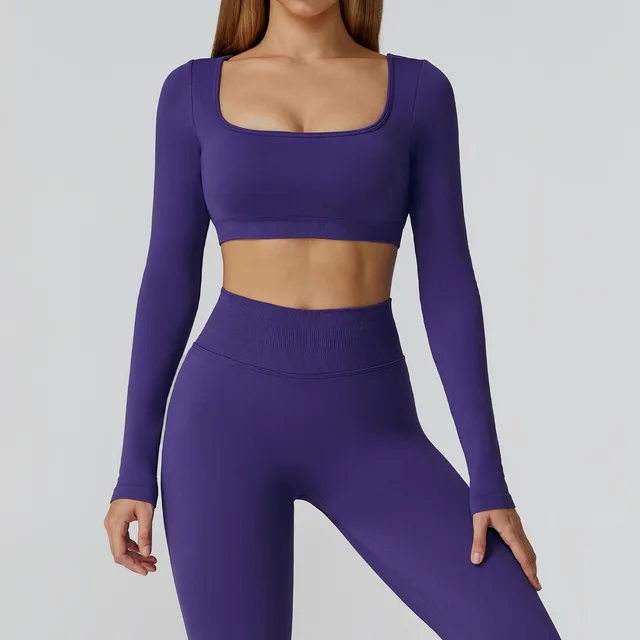Slim Fit Seamless Yoga Clothes Hollow out Beauty Back Yoga Long Sleeve Navy Blue - Shop at LoveMi