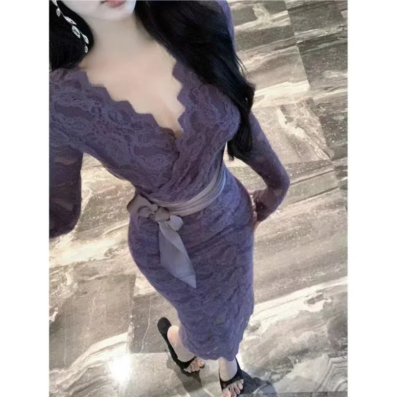 Elegant Socialite Purple V-collar Lace Long Sleeve Dress - Purple