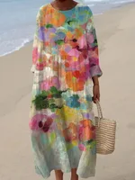 Digital Printing Large Width V-neck Long-sleeve Dress - Style 6-Xl