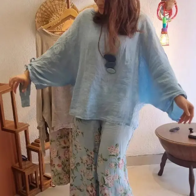 Casual And Comfortable Casual Printed Short Sleeve Top Pants Two Pieces Sky Blue - Shop at LoveMi