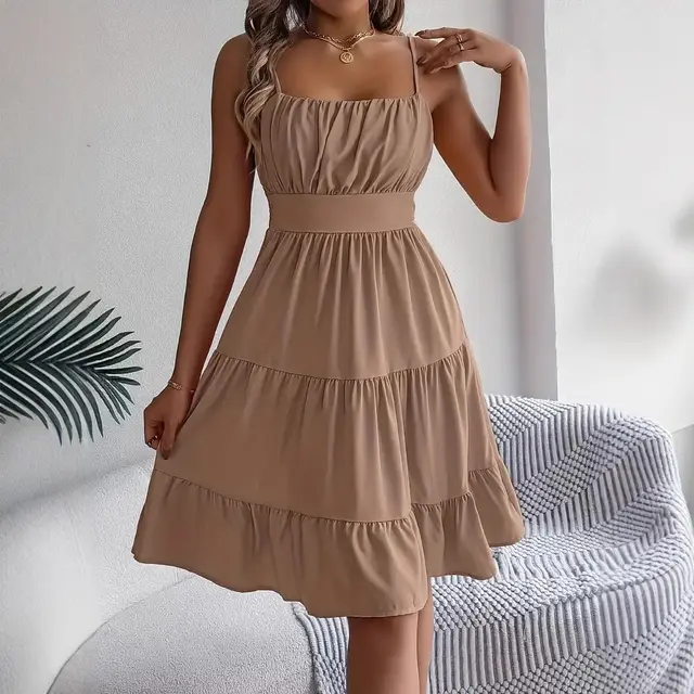 Sleeveless Sling Square Collar Smocking Layered Pleated Dress Khaki - Shop at LoveMi
