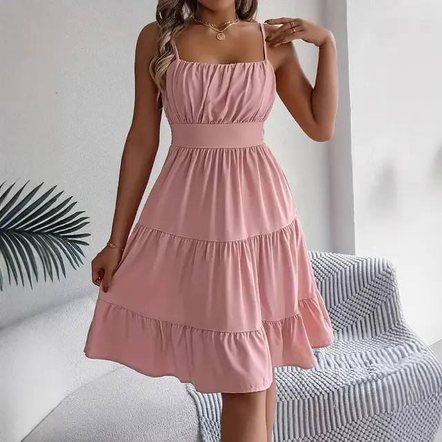 Sleeveless Sling Square Collar Smocking Layered Pleated Dress Pink - Shop at LoveMi