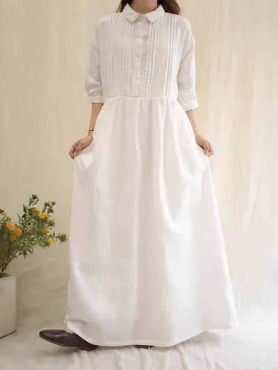 Retro Artistic Lapel Double layer Cotton Yarn Dress White - Shop at LoveMi