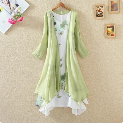 Long Sleeves Outer Match Shawl Mid length Cotton And Linen Printed Irregular Dress Green - Shop at LoveMi