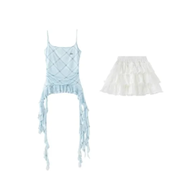 Blue Suit Mesh Stretch Slim Strap Top Lace Cake Dress Top And Skirt - Shop at LoveMi