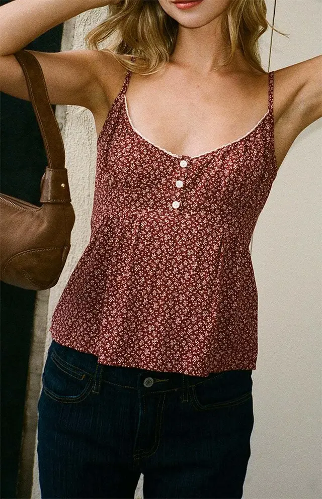 Vintage Rose Floral Multi color Three button Sling Top Red Small Floral - Shop at LoveMi