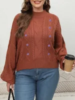 Women's Woven Sweater Plus Size Half-turtleneck Lantern Sleeve Flower Sweater - Brown