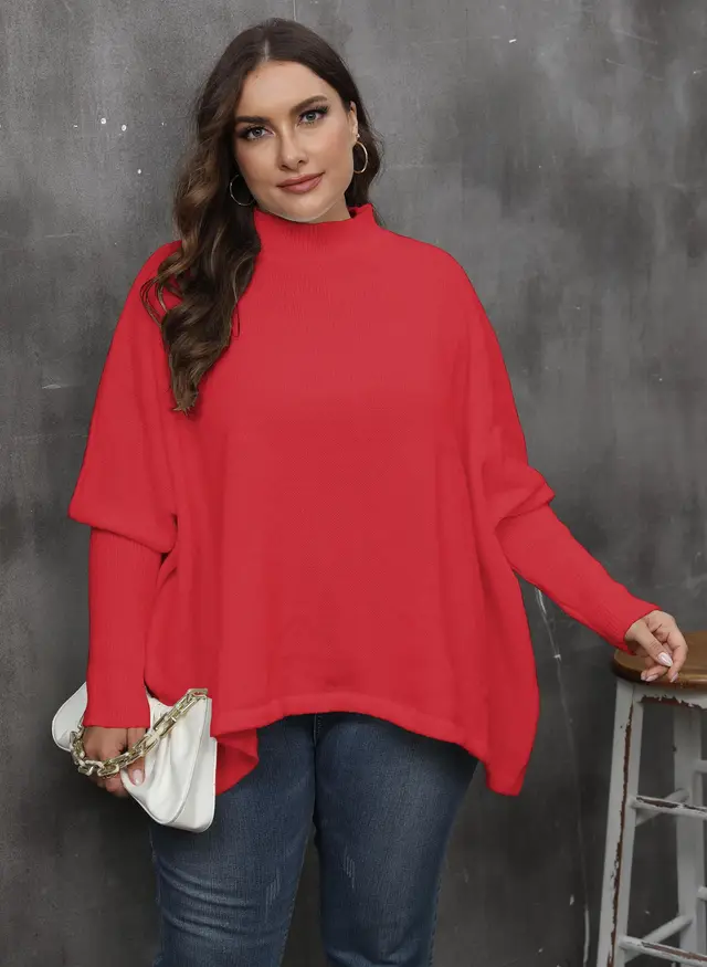 Women's Pullover Plus Size Loose Split Batwing Sleeve Half Collar Top Bright Red - Shop at LoveMi